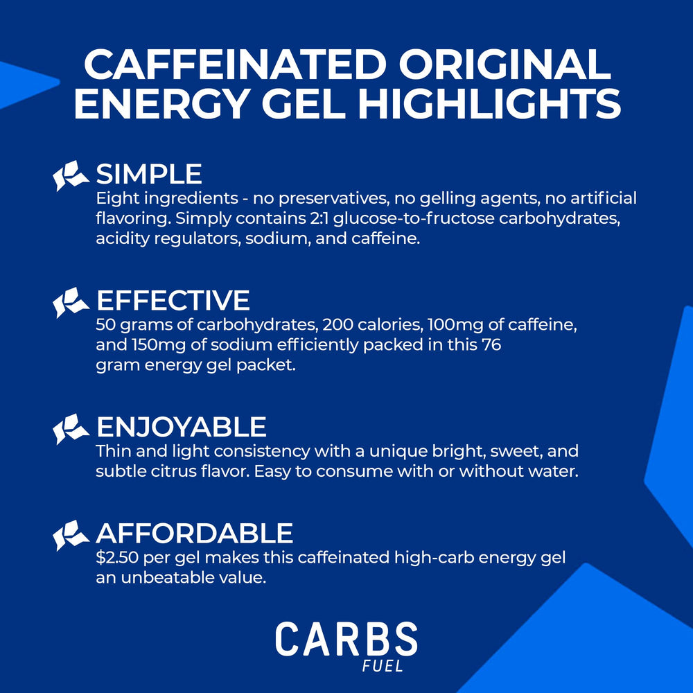 Carbs Fuel caffeinated original gel pack open for quick on-the-go energy