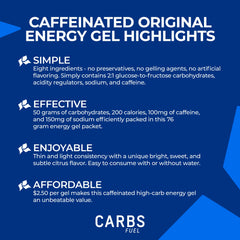 Carbs Fuel caffeinated original gel pack open for quick on-the-go energy