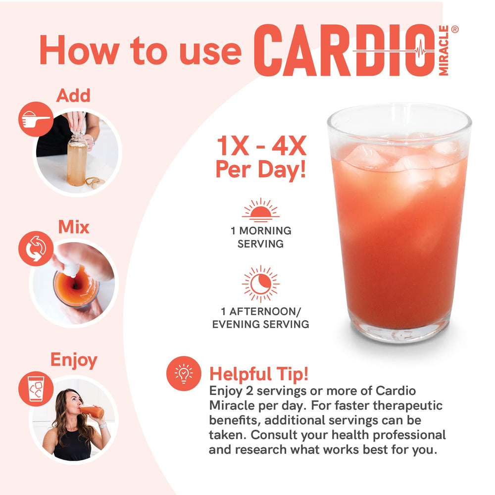 Cardio Miracle water glass shows easy mix for caffeine-free energy lift.