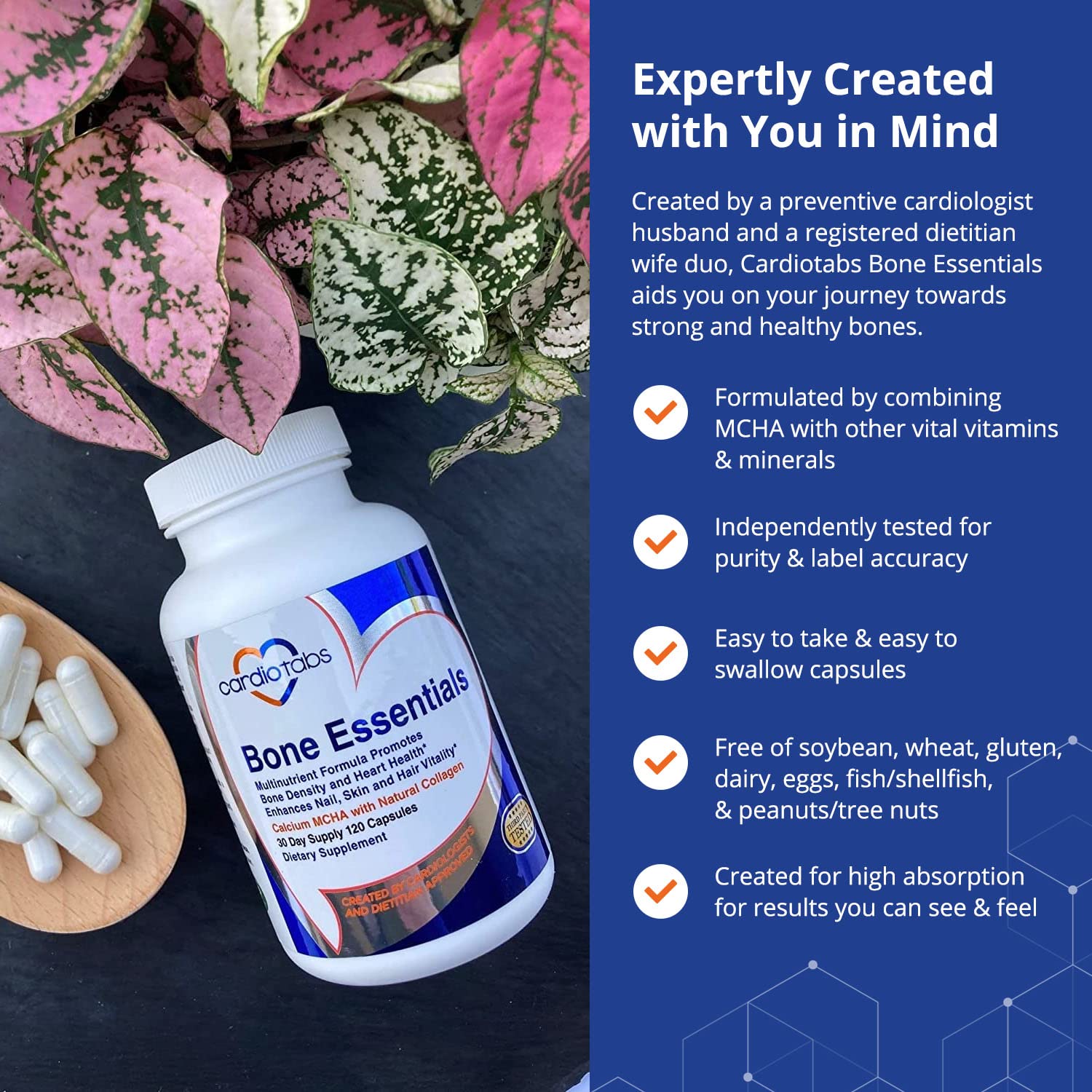 Dosing schedule with Cardiotabs Bone Essentials capsules ready for meals