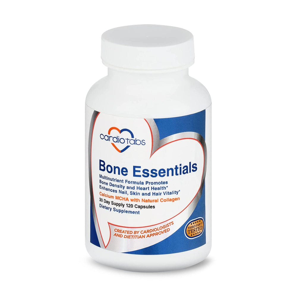 Cardiotabs Bone Essentials bottle with MCHA and collagen highlight for calcium absorption