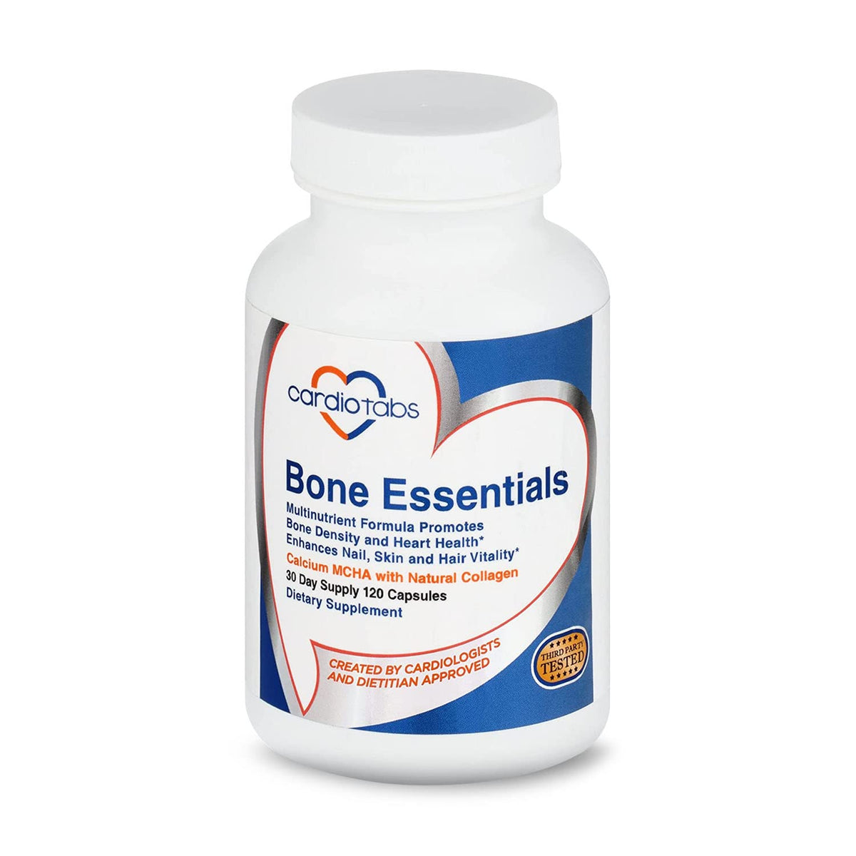 Cardiotabs Bone Essentials bottle with MCHA and collagen highlight for calcium absorption