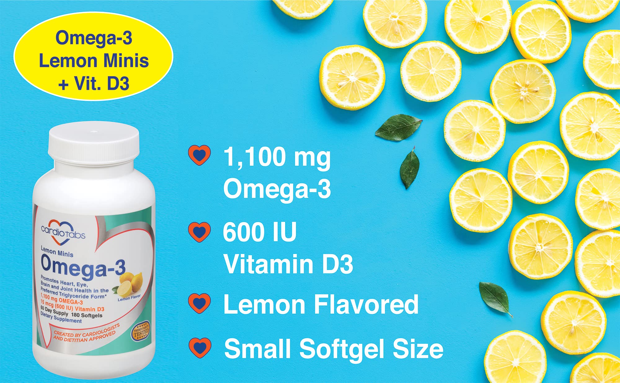 CardioTabs Lemon Minis softgels with refreshing lemon flavor.