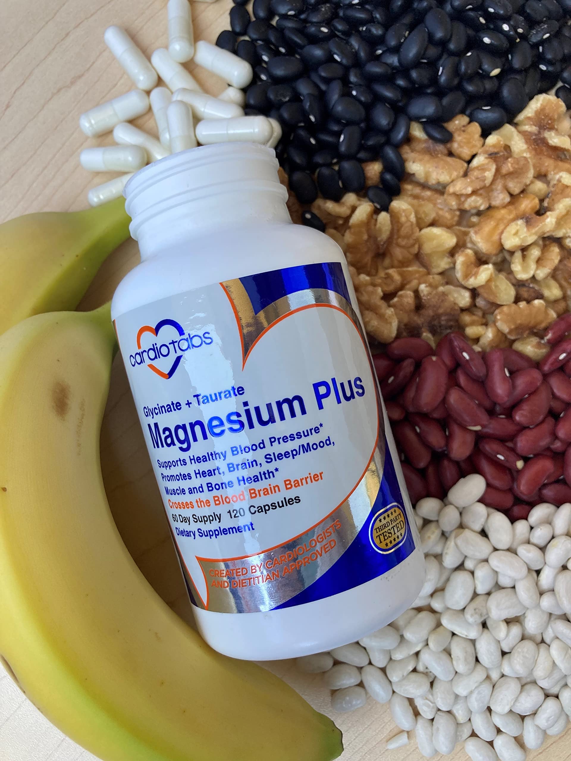 CardioTabs Magnesium Plus capsules close-up emphasizing glycinate and taurate forms