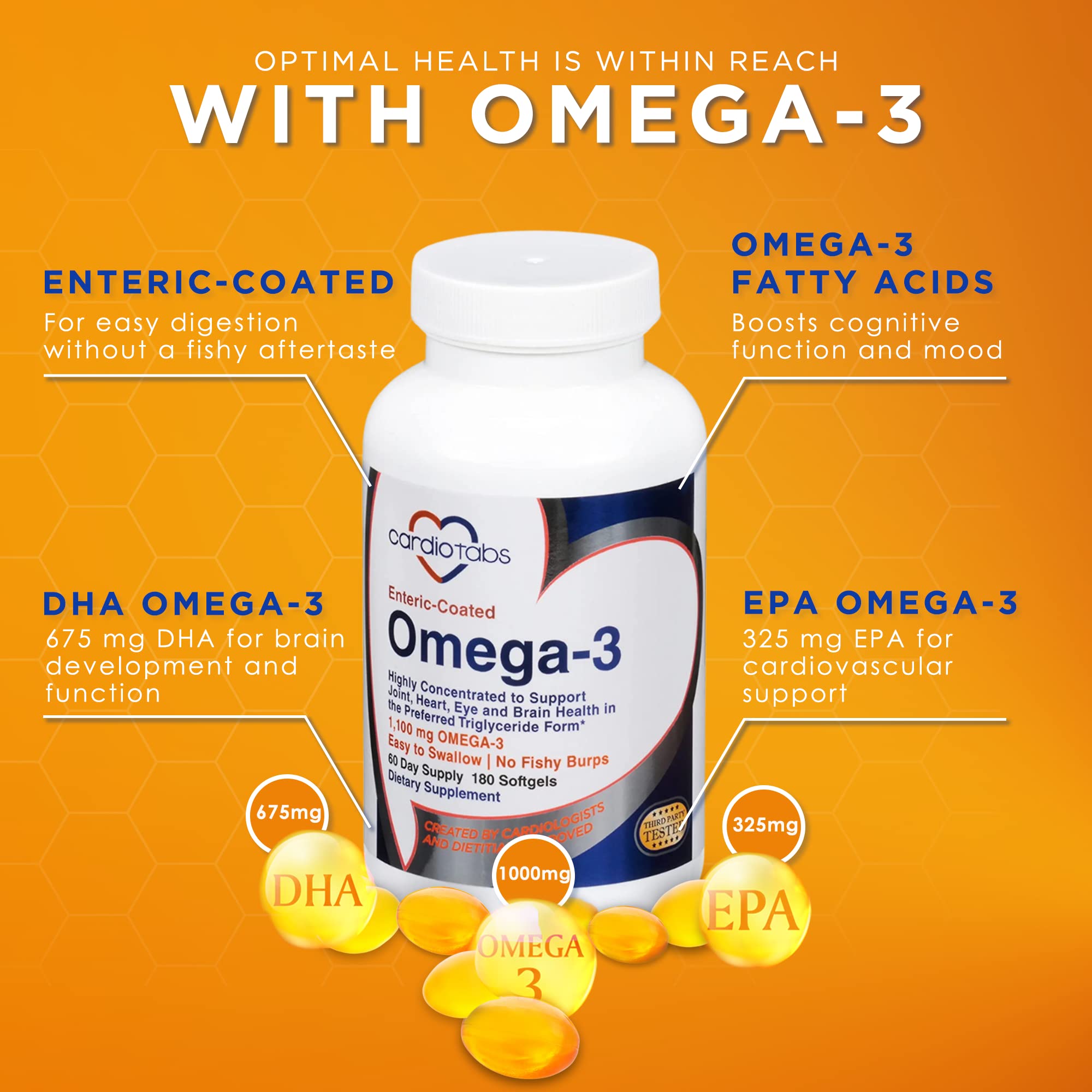 CardioTabs Omega-3 bottle pour demonstrates convenient daily dosing