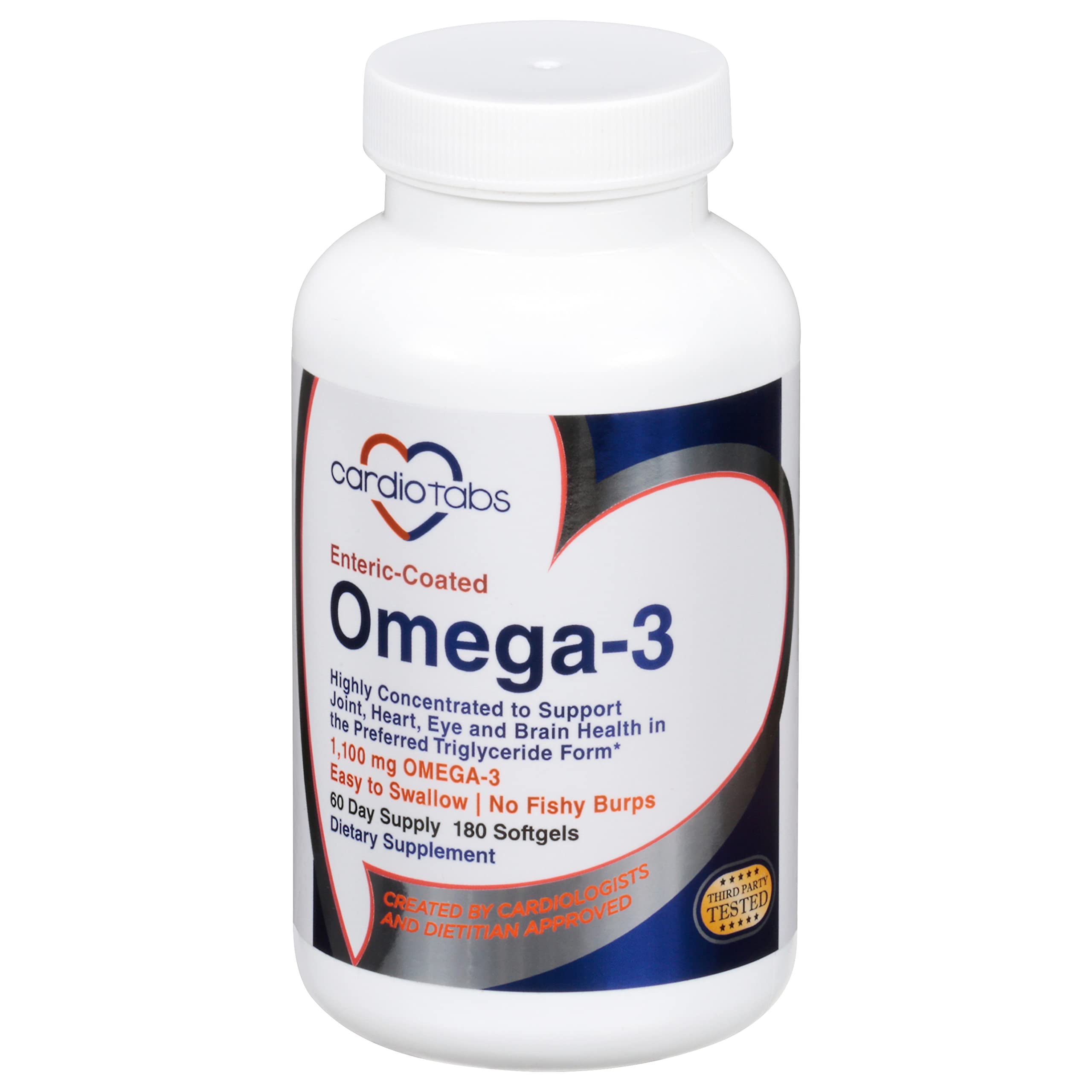 CardioTabs Omega-3 enteric-coated bottle shown for easy swallowing and reduced fishy aftertaste