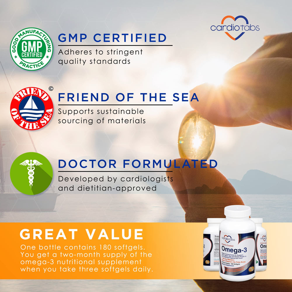 CardioTabs Omega-3 label closeup clearly showing DHA and EPA contents