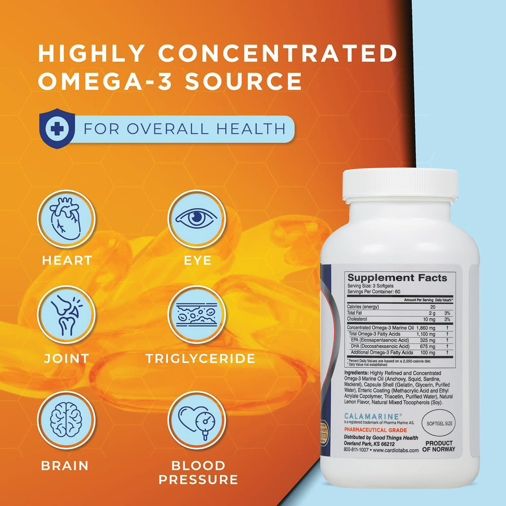 CardioTabs Omega-3 softgels closeup highlights compact size for daily use