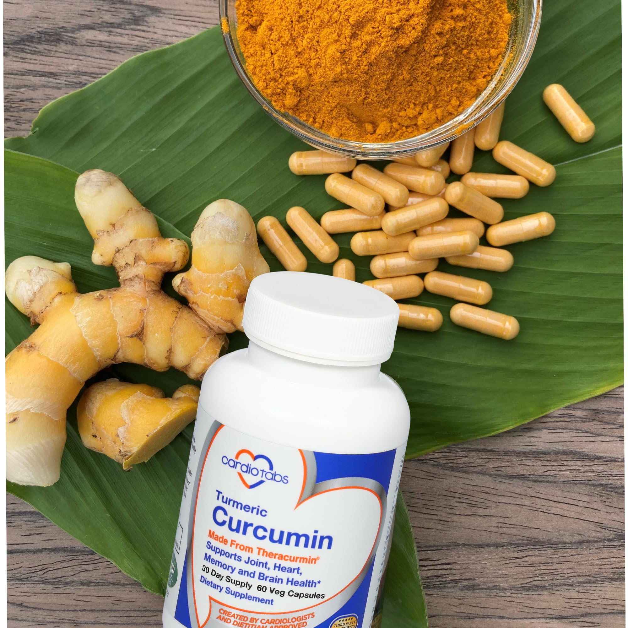 CardioTabs Theracurmin close-up emphasizing water-soluble absorption benefits.
