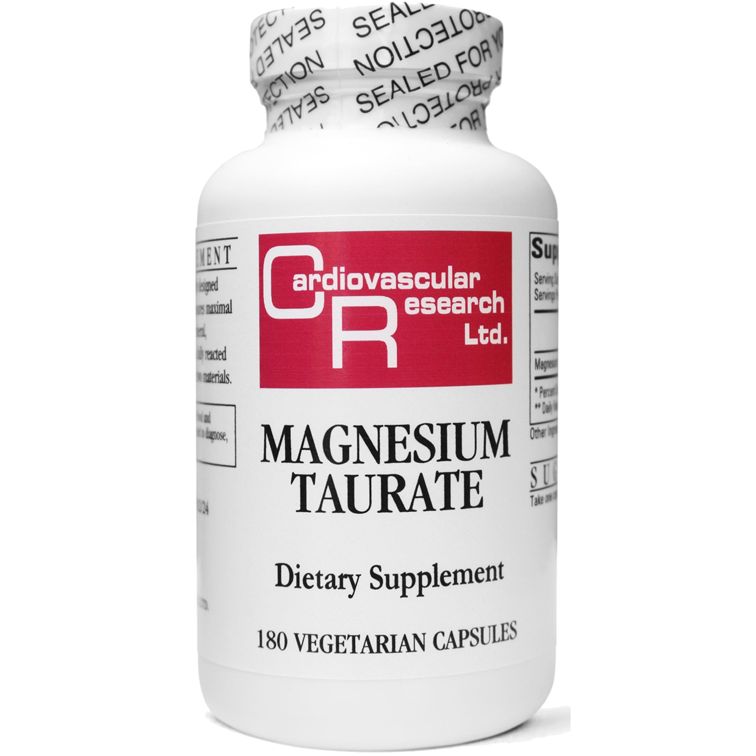 Cardiovascular Research magnesium taurate 125mg bottle showing capsules for daily wellness support.