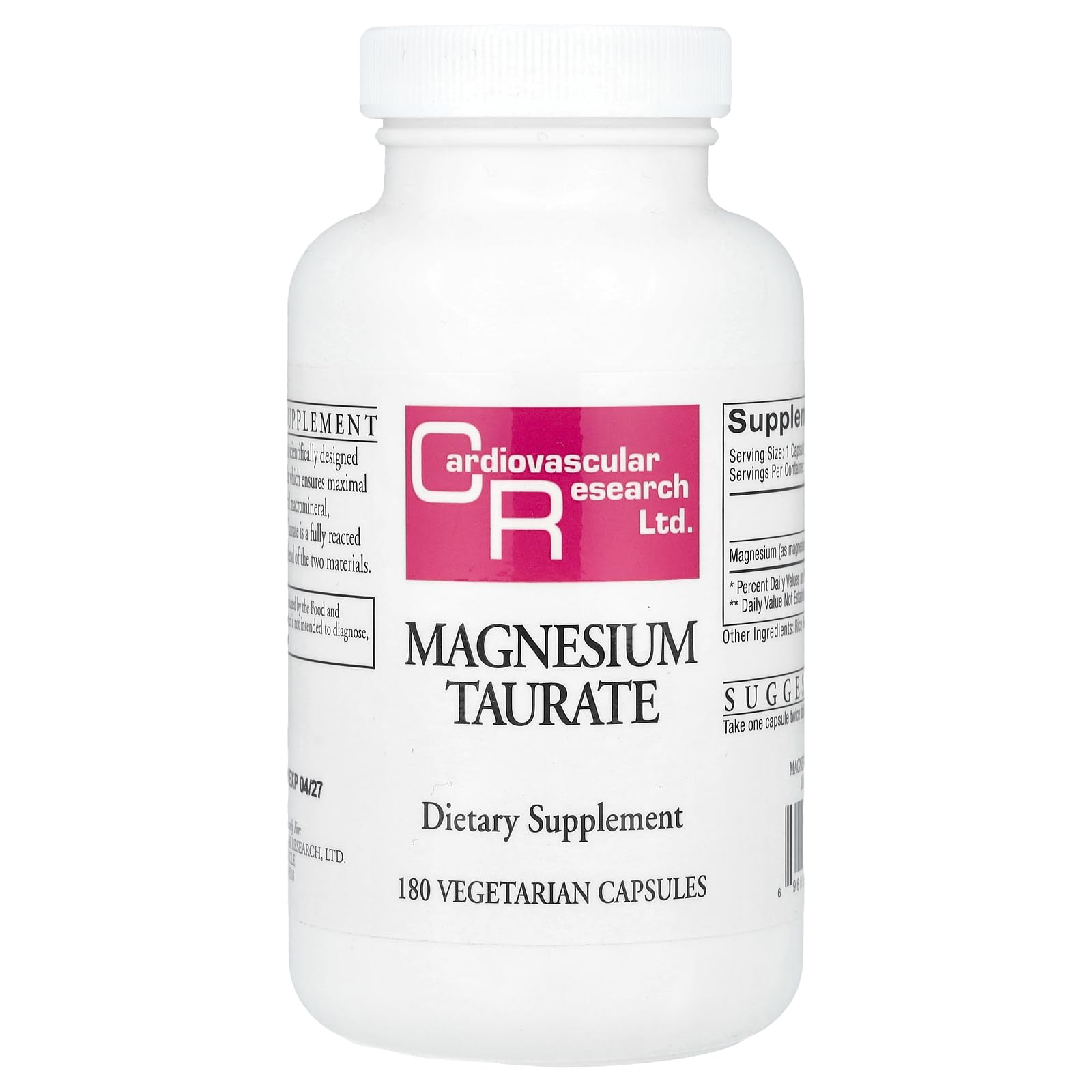 Cardiovascular Research Magnesium Taurate bottle with creamy white capsules for daily mineral support