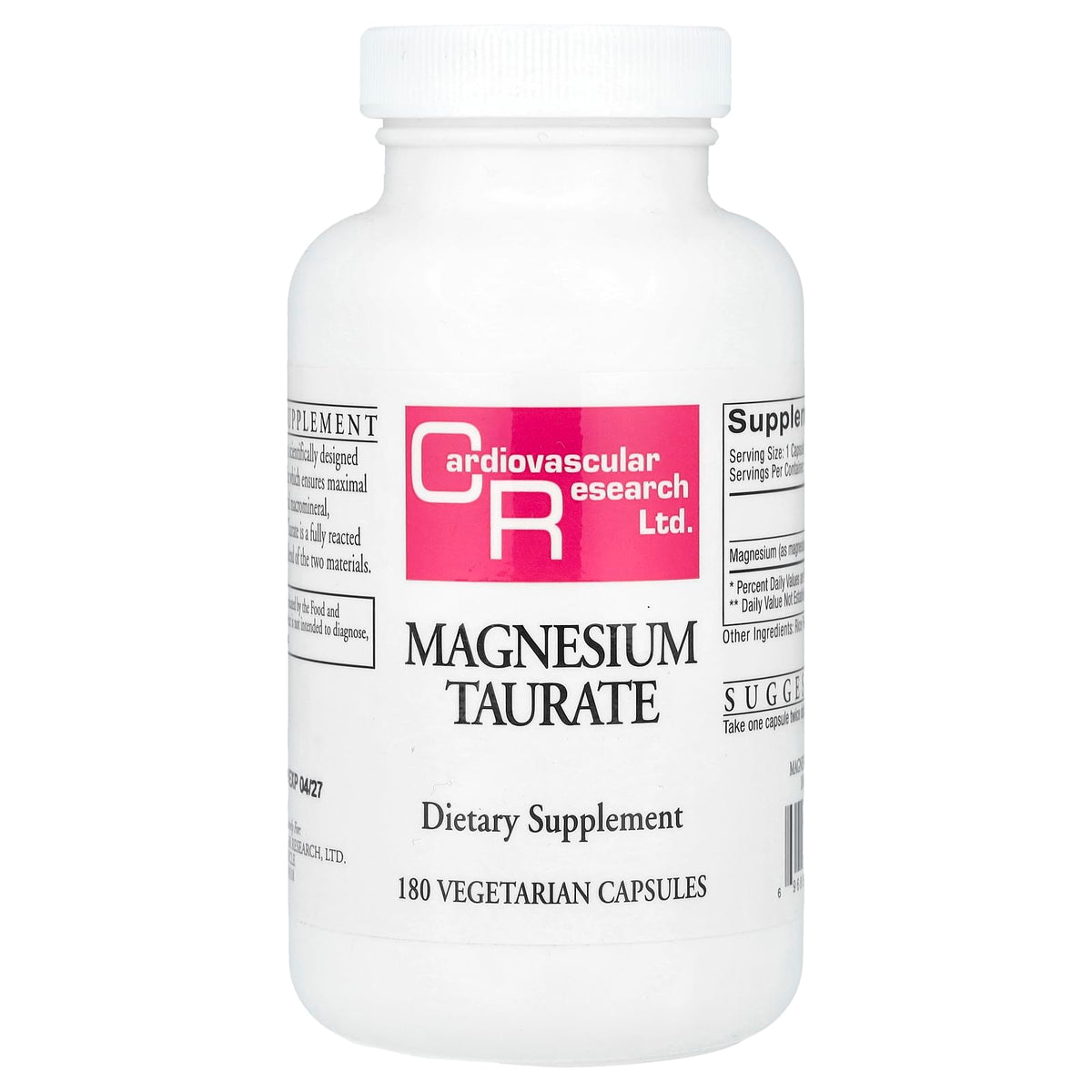 Cardiovascular Research Magnesium Taurate bottle with creamy white capsules for daily mineral support