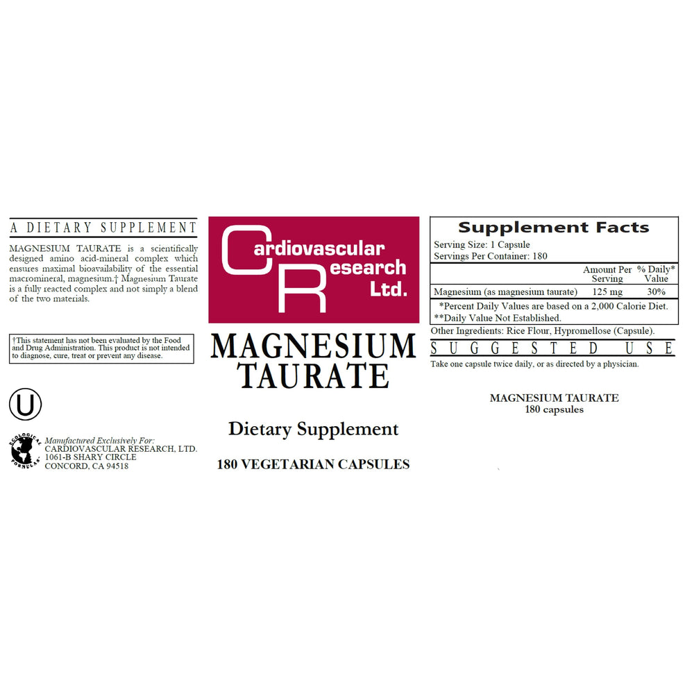 Cardiovascular Research magnesium taurate 125mg label with clear dosage guidance.