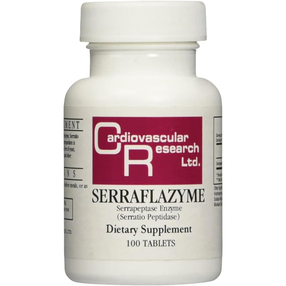 Cardiovascular Research Serraflazyme bottle showing enteric-coated tablets for targeted absorption.