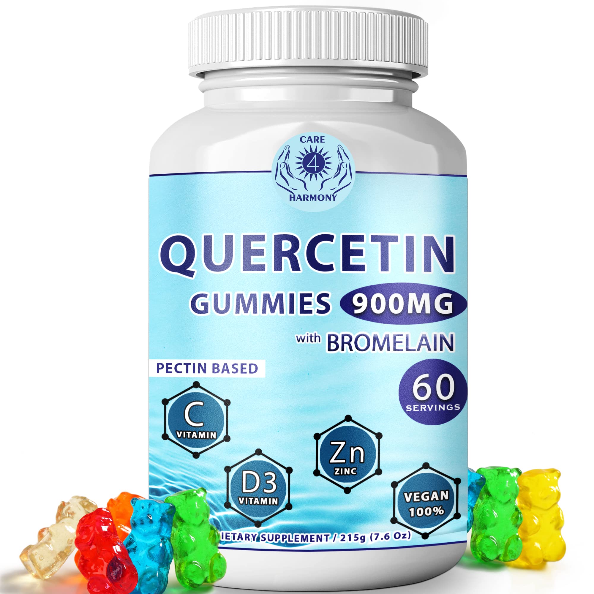 Care 4 Harmony Quercetin Gummies bottle shows easy chewable immune-friendly formula.