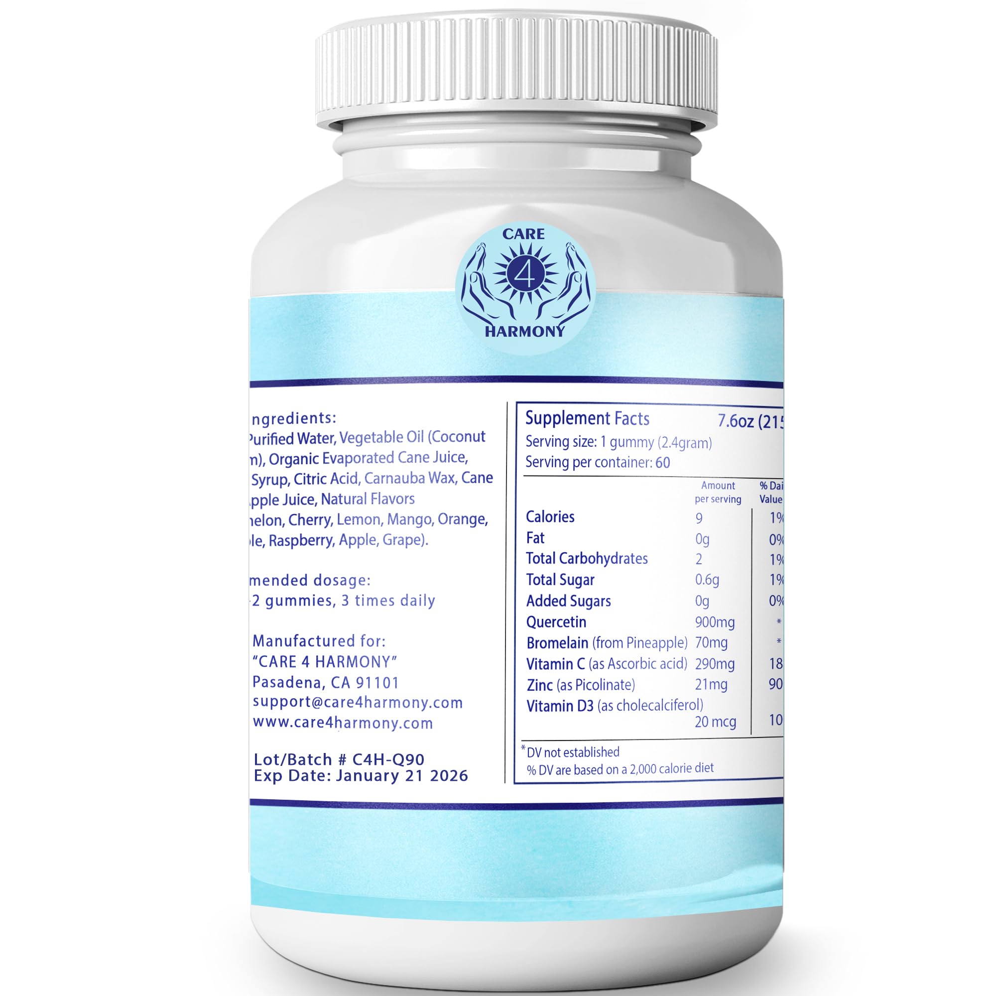 Care 4 Harmony Quercetin Gummies packaging shows USA-made allergy-friendly formula.