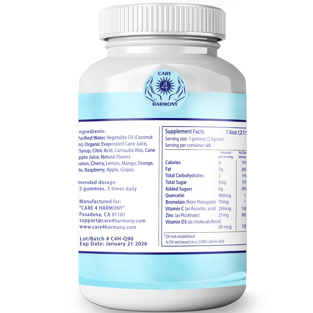 Care 4 Harmony Quercetin Gummies packaging shows USA-made allergy-friendly formula.