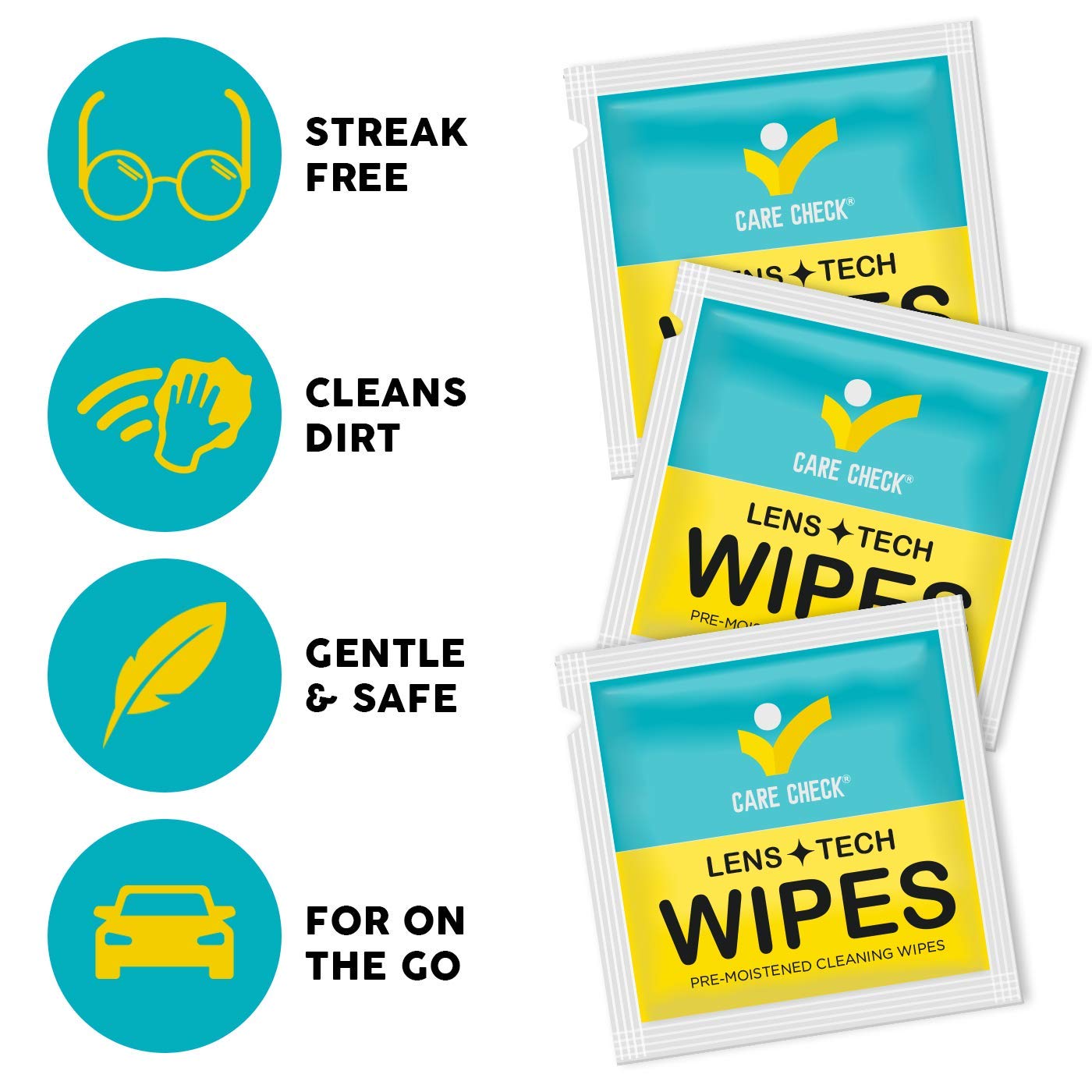 Care Check Lens Wipes for eyeglasses; quick, residue-free cleaning.