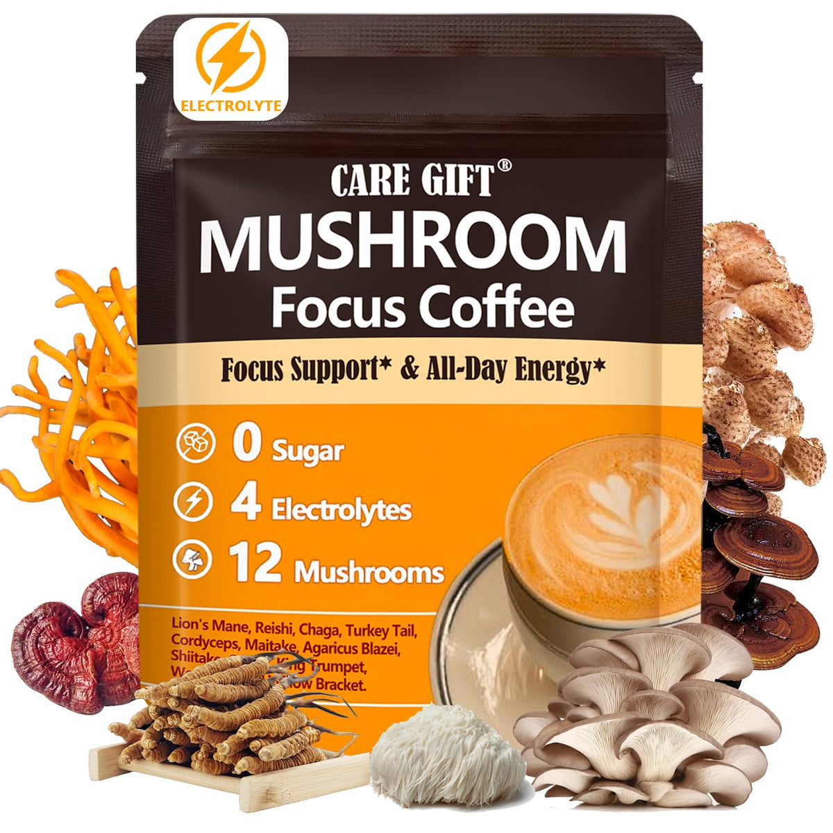 CARE GIFT mushroom coffee bottle pour highlights the 16-in-1 energy blend.