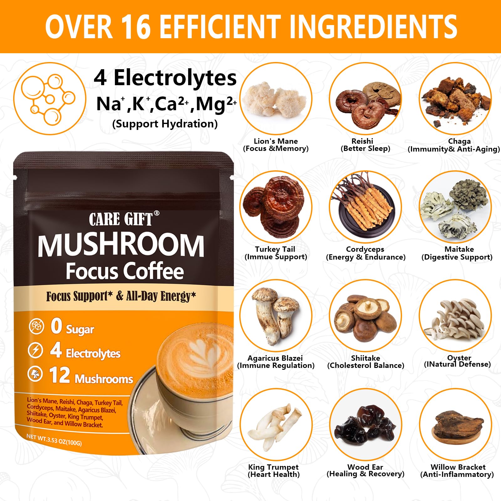 CARE GIFT label close-up showcases organic Arabica and mushrooms for focus.
