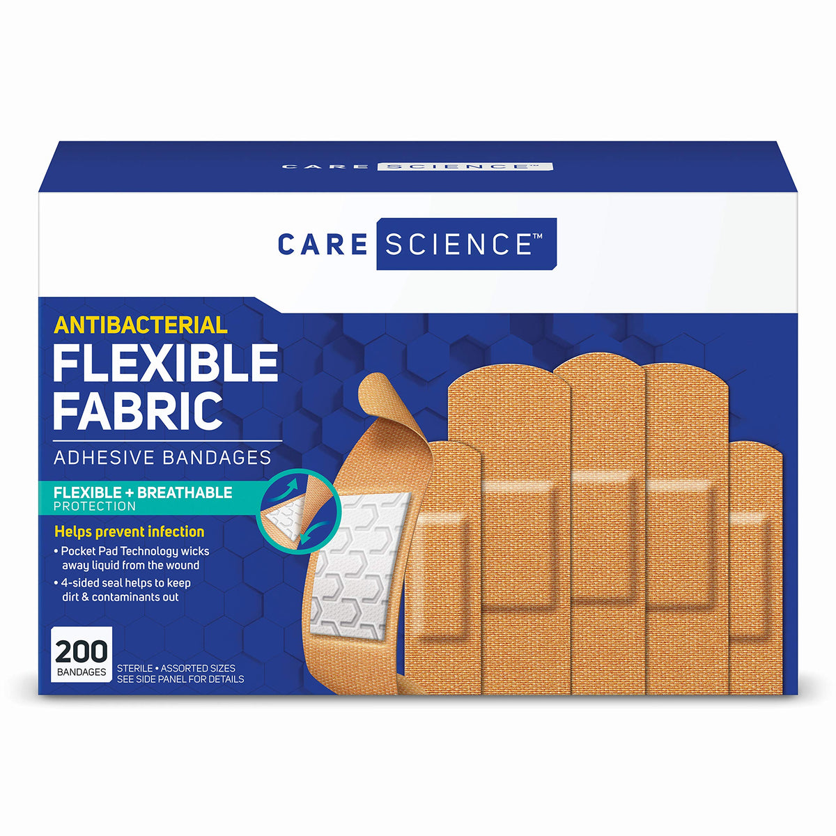 Care Science: empaque frontal de vendas de tela para primeros auxilios.