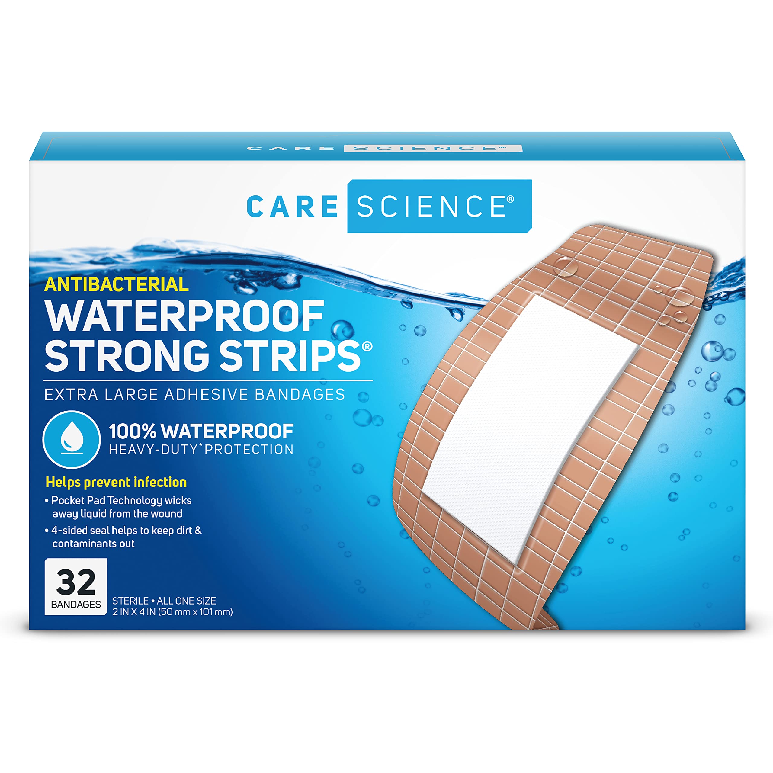 Care Science curitas impermeables extra grandes, adhesión duradera para piel sensible.
