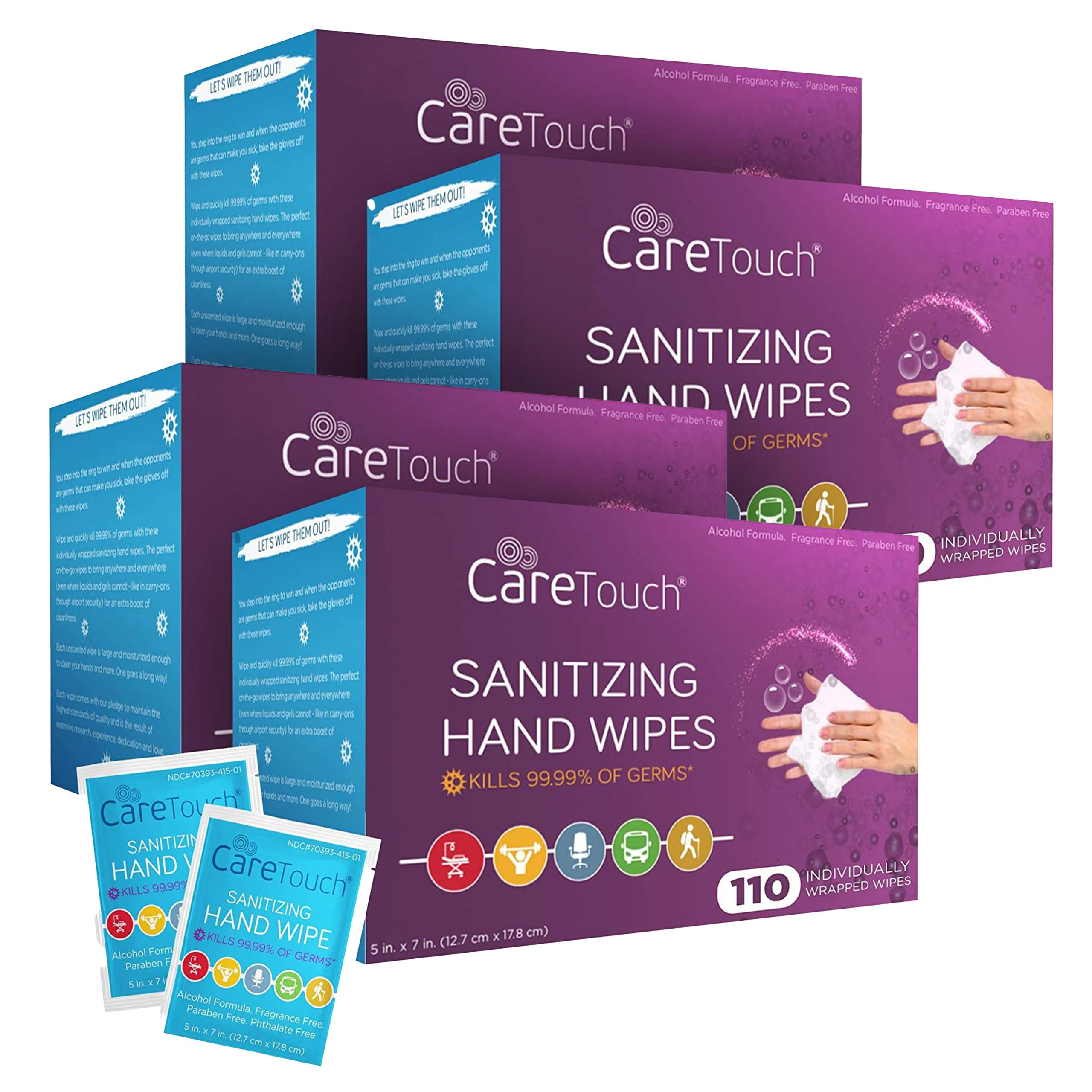 Care Touch hand sanitizer wipes in individually wrapped packets for on-the-go cleanliness.