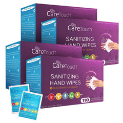 Care Touch hand sanitizer wipes in individually wrapped packets for on-the-go cleanliness.