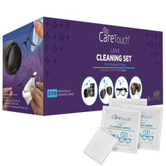 Care Touch Lens Wipes 210-count packaging shown for portable glasses cleaning