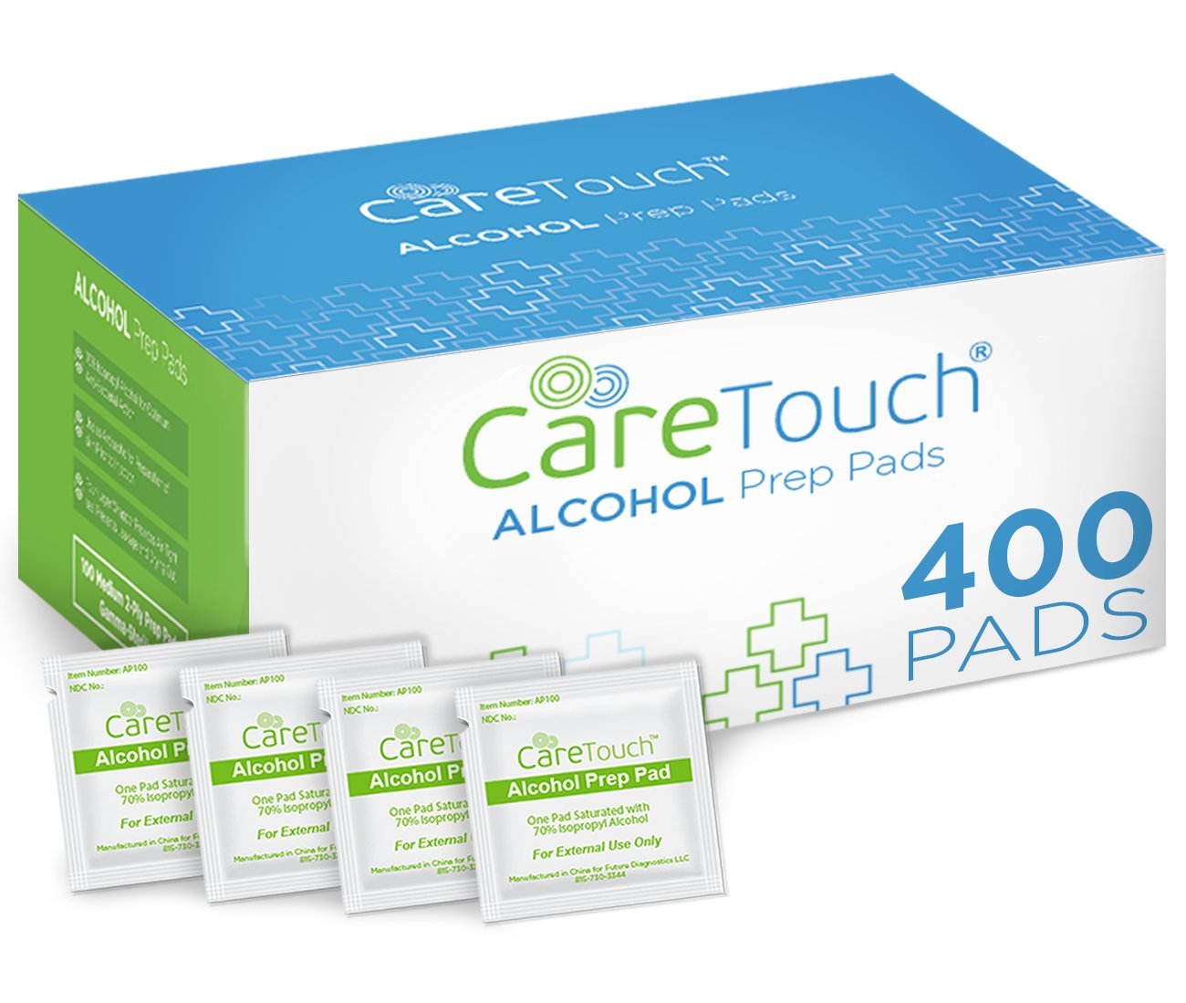 Care Touch sterile alcohol prep pads package view, ideal for quick first-aid readiness.
