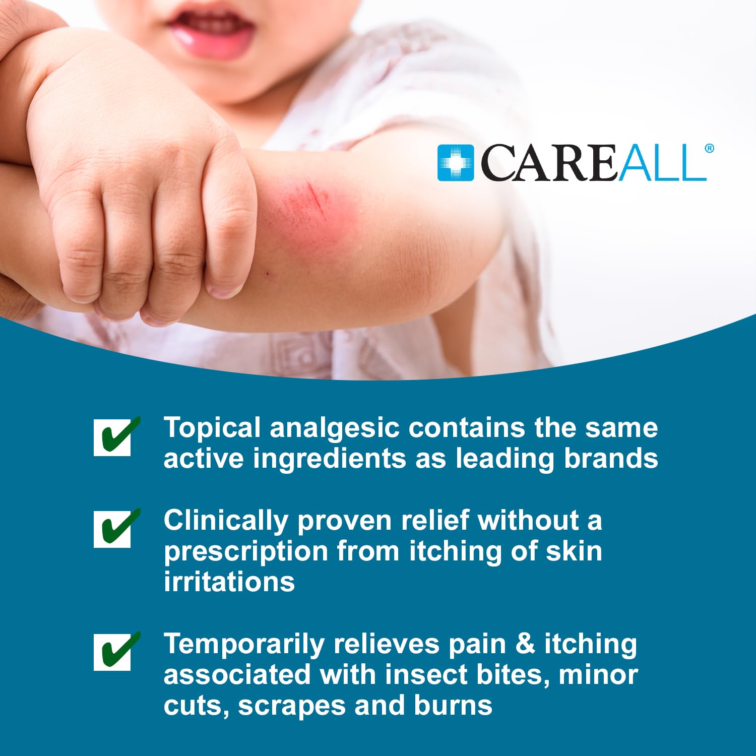 CareAll Anti-Itch Cream ingredients display zinc acetate and diphenhydramine.