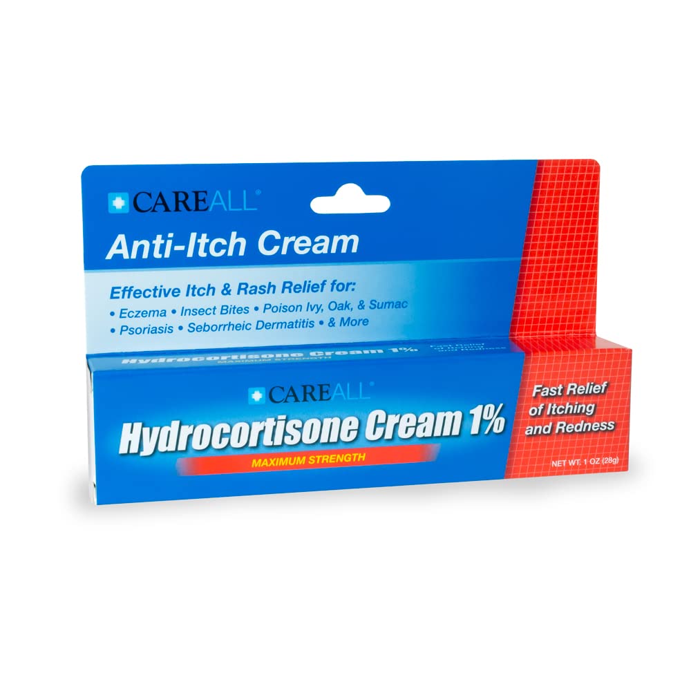 CareAll Hydrocortisone 1% on skin for poison ivy itching relief.
