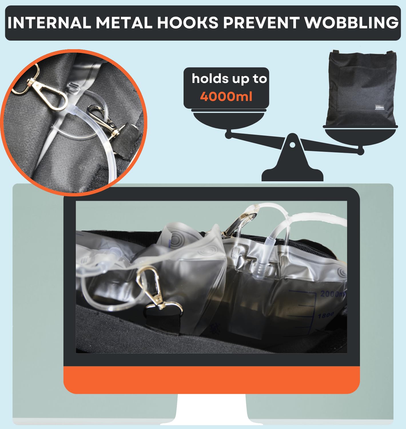 Internal metal hooks stabilize the bag and reduce wobble during movement