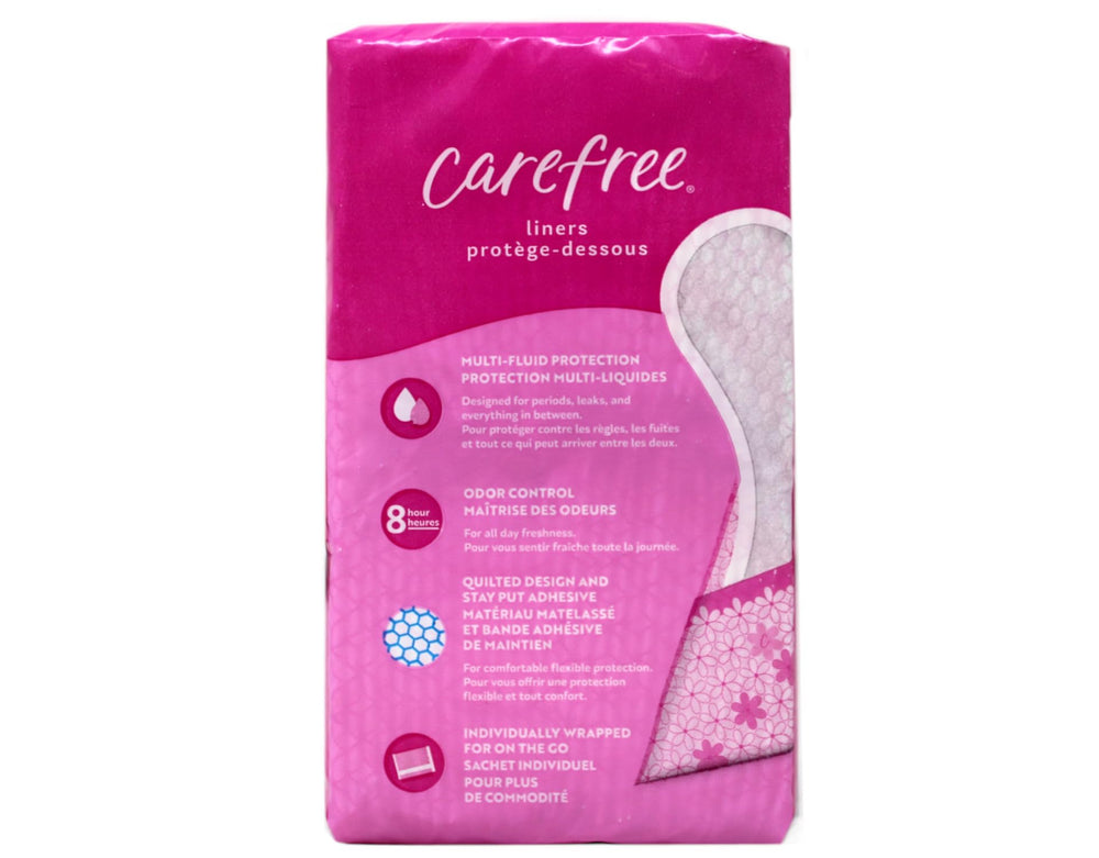 Carefree Acti-Fresh Body Shape pantiliner featuring 8-hour odor control for discretion.
