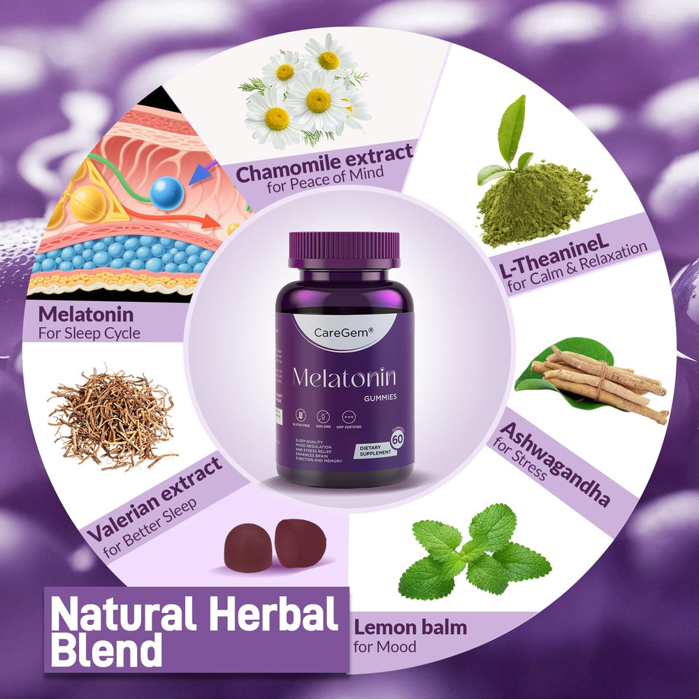Open jar of CareGem Sleep Aid gummies revealing texture for night-time ease