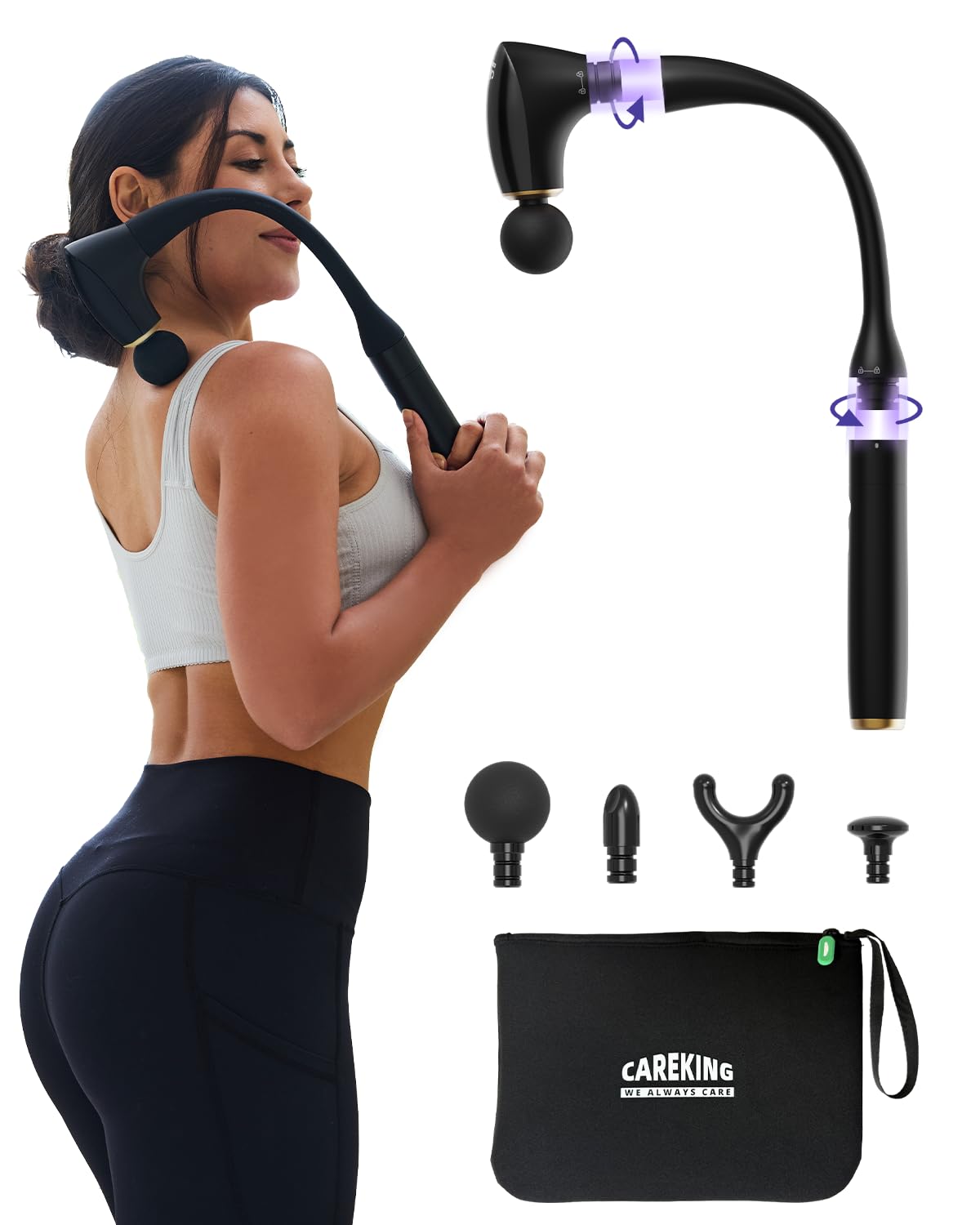 CAREGKING 2-in-1 massage gun with extension handle reaches back for easy relief.