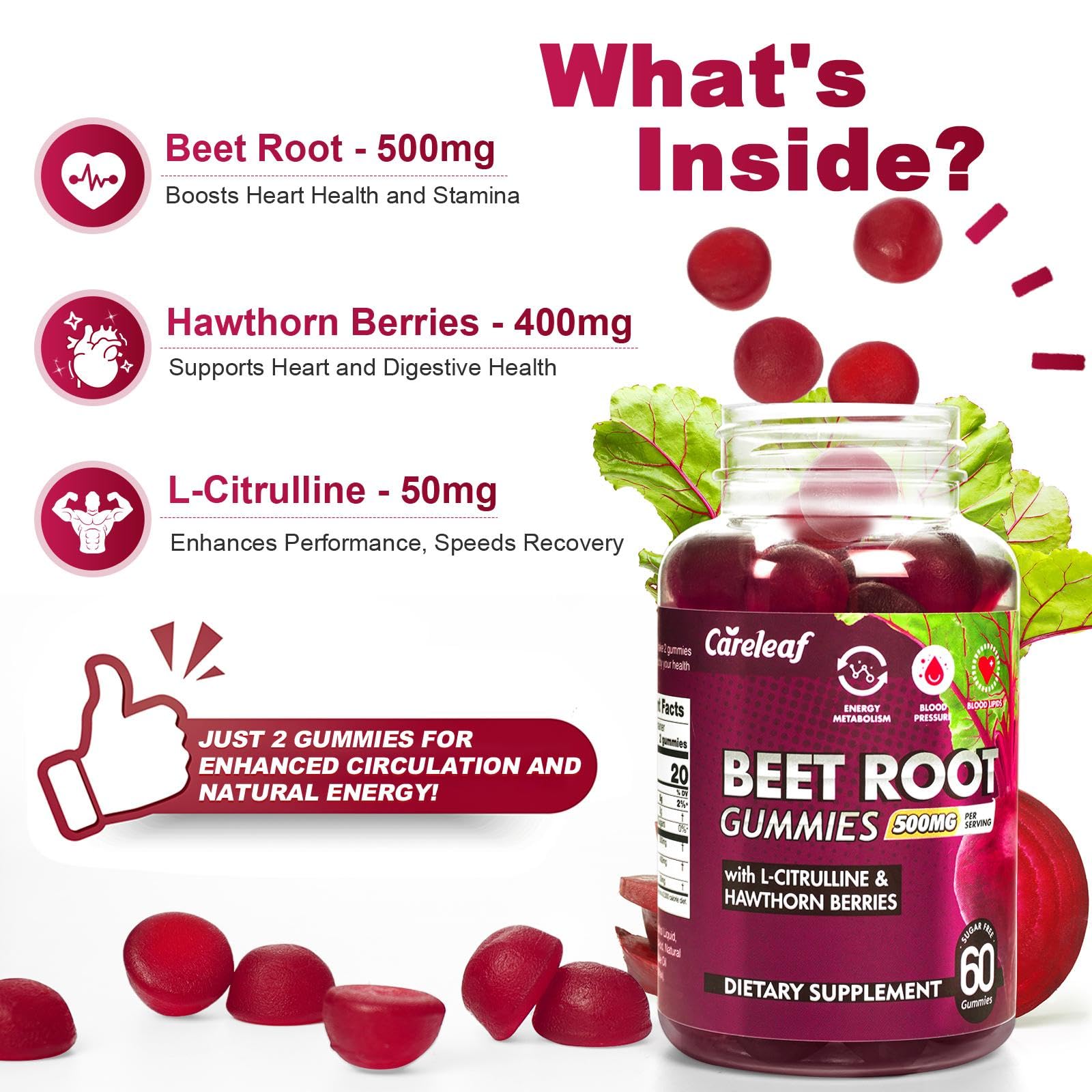 careleaf beet root gummies close-up highlighting natural nutrients for daily vitality