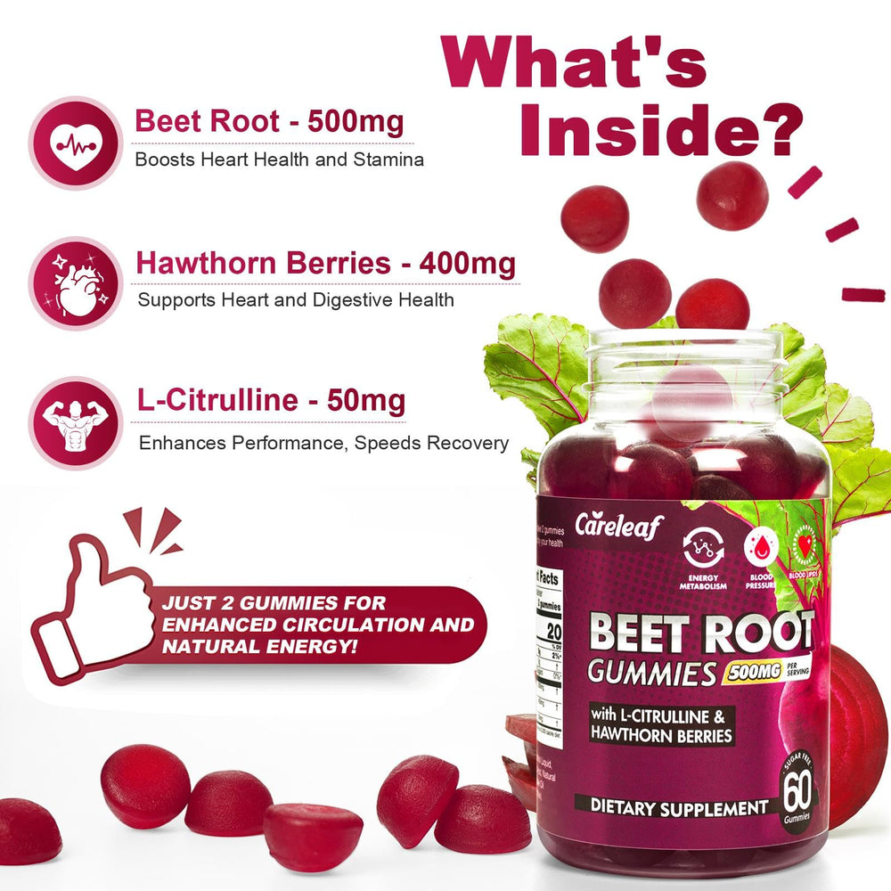 careleaf beet root gummies close-up highlighting natural nutrients for daily vitality