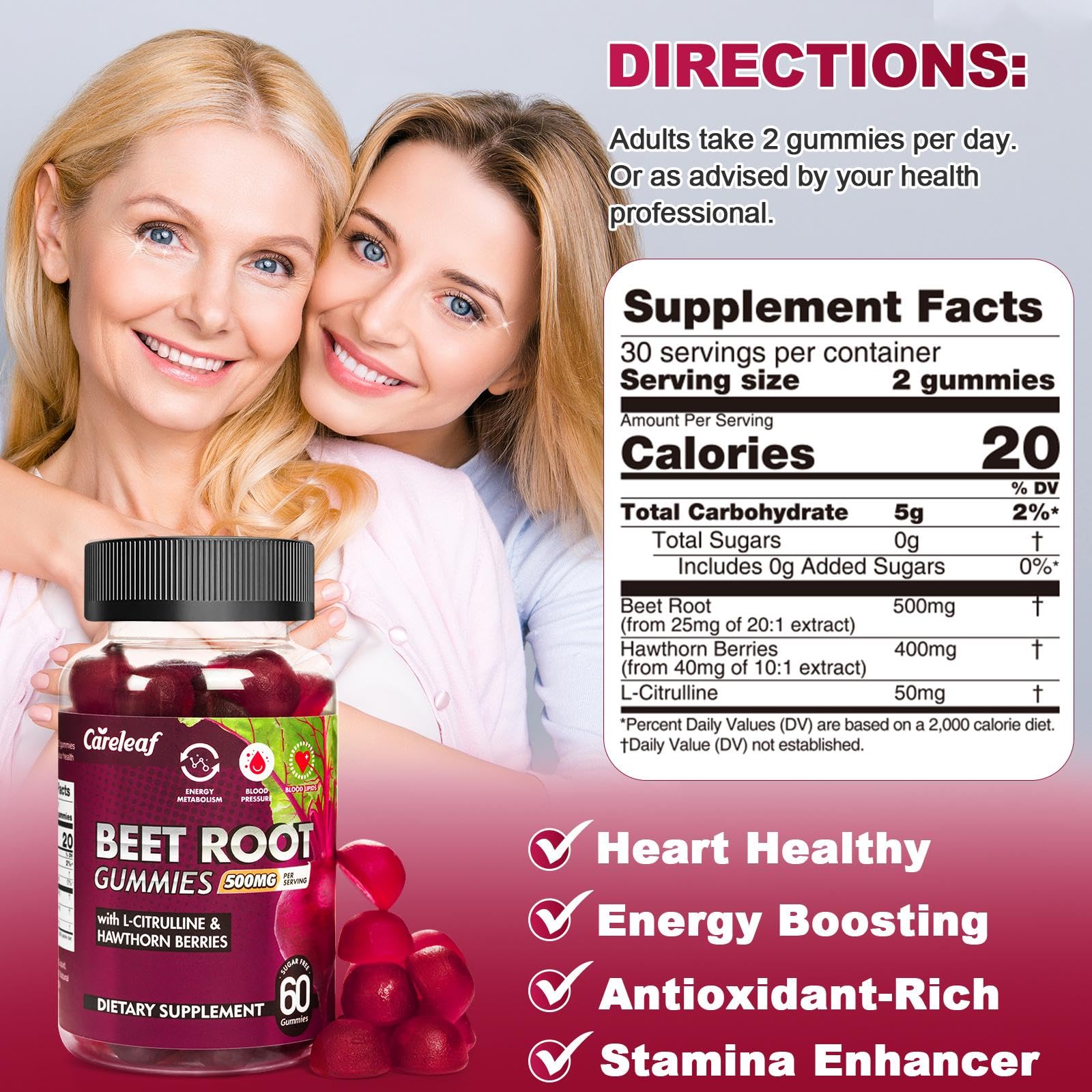 careleaf beet root gummies ingredients with L-Citrulline and Hawthorn for heart support