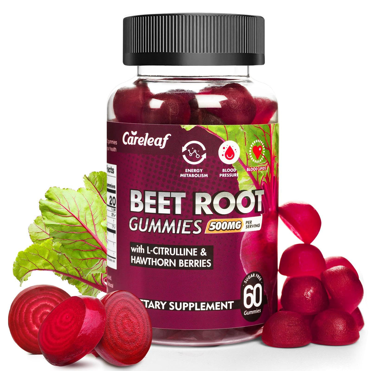 careleaf beet root gummies packaging highlights sugar-free vegan formula for daily use