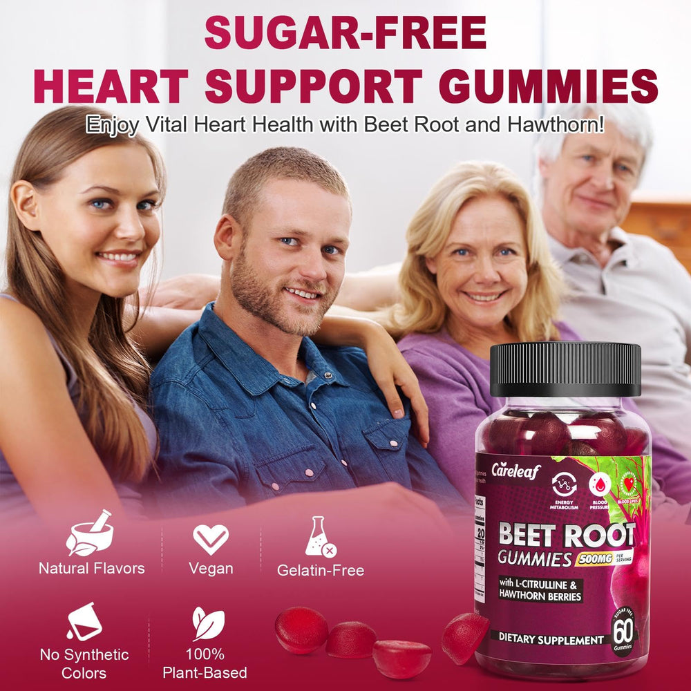 careleaf vegan non-GMO beet root gummies on kitchen counter