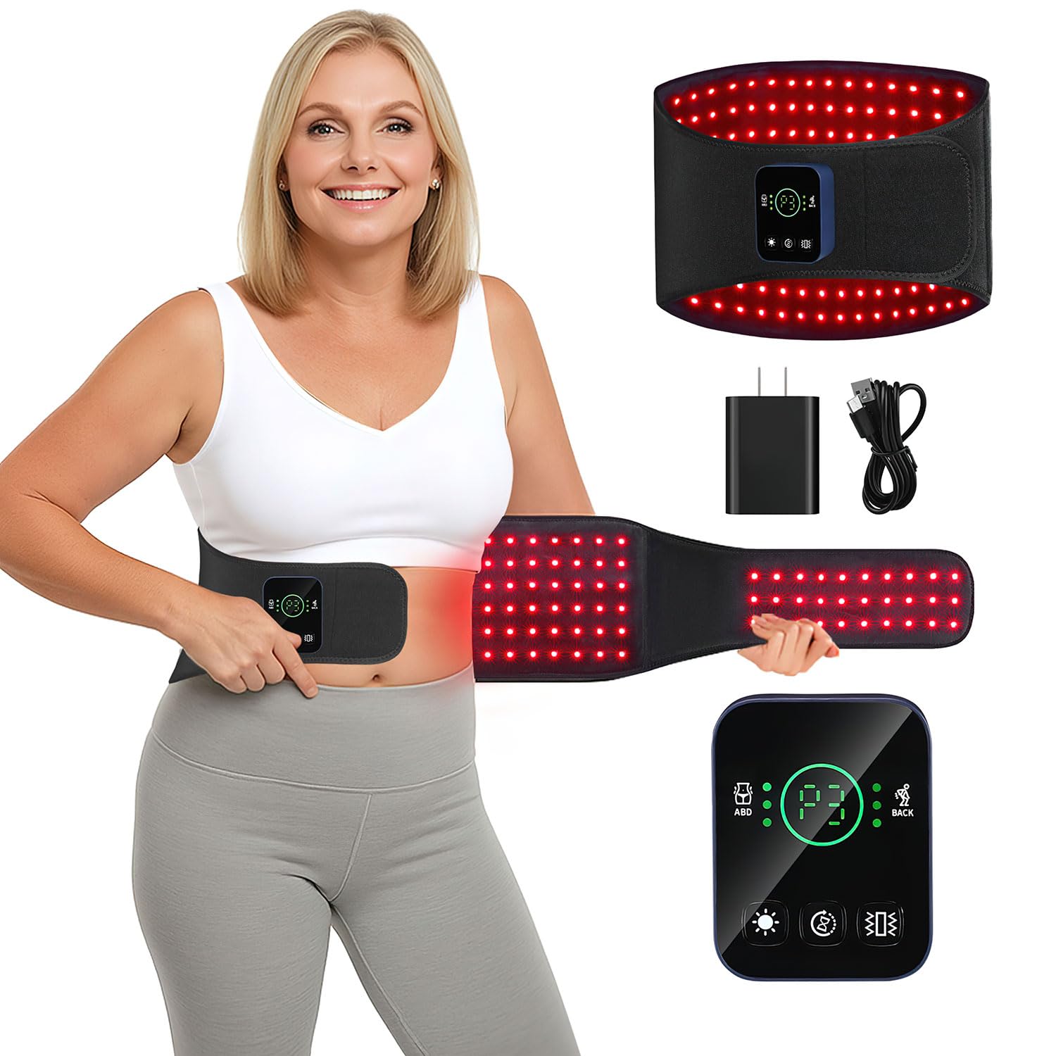 CAREMORR cordless red-light therapy belt in action for portable comfort