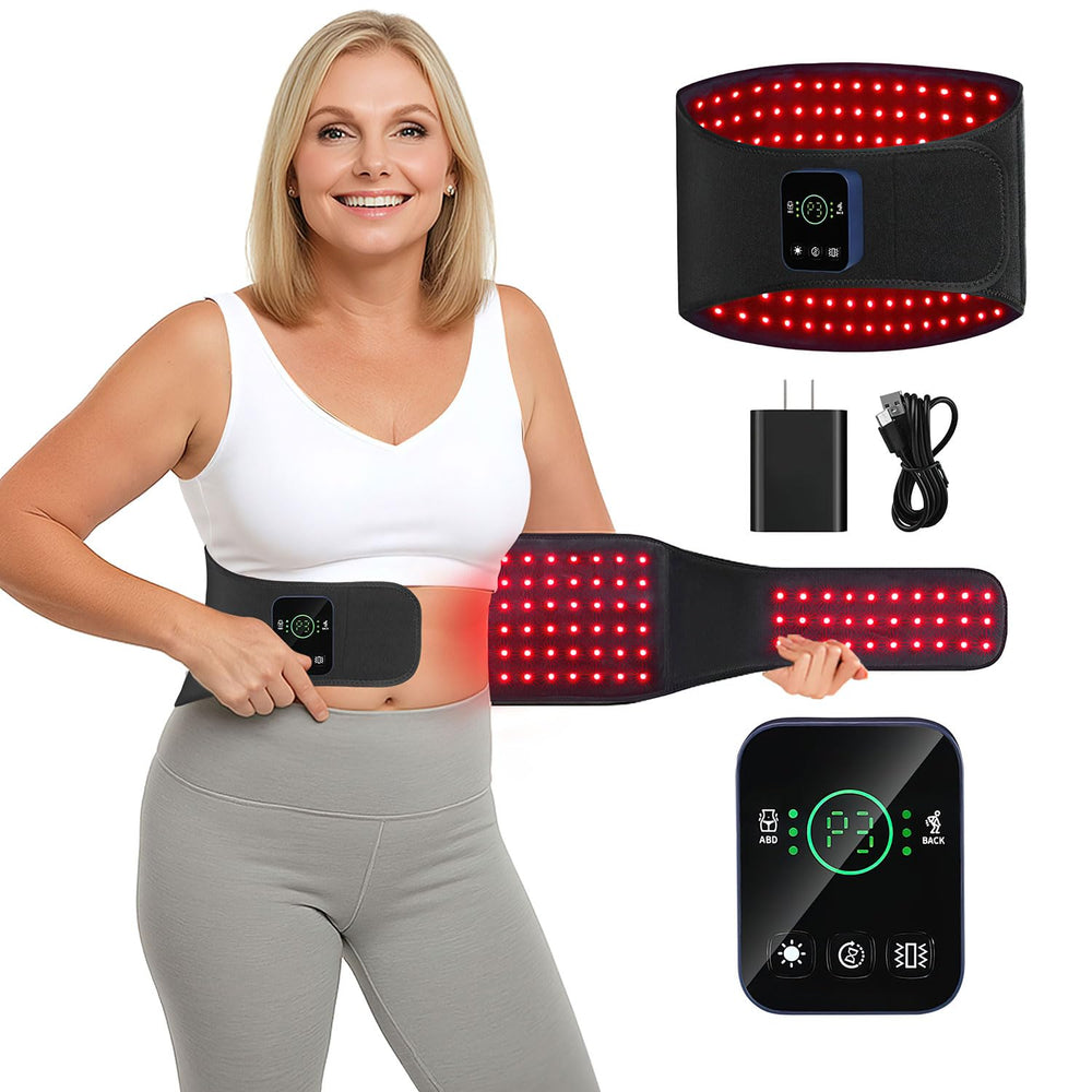 CAREMORR cordless red-light therapy belt in action for portable comfort