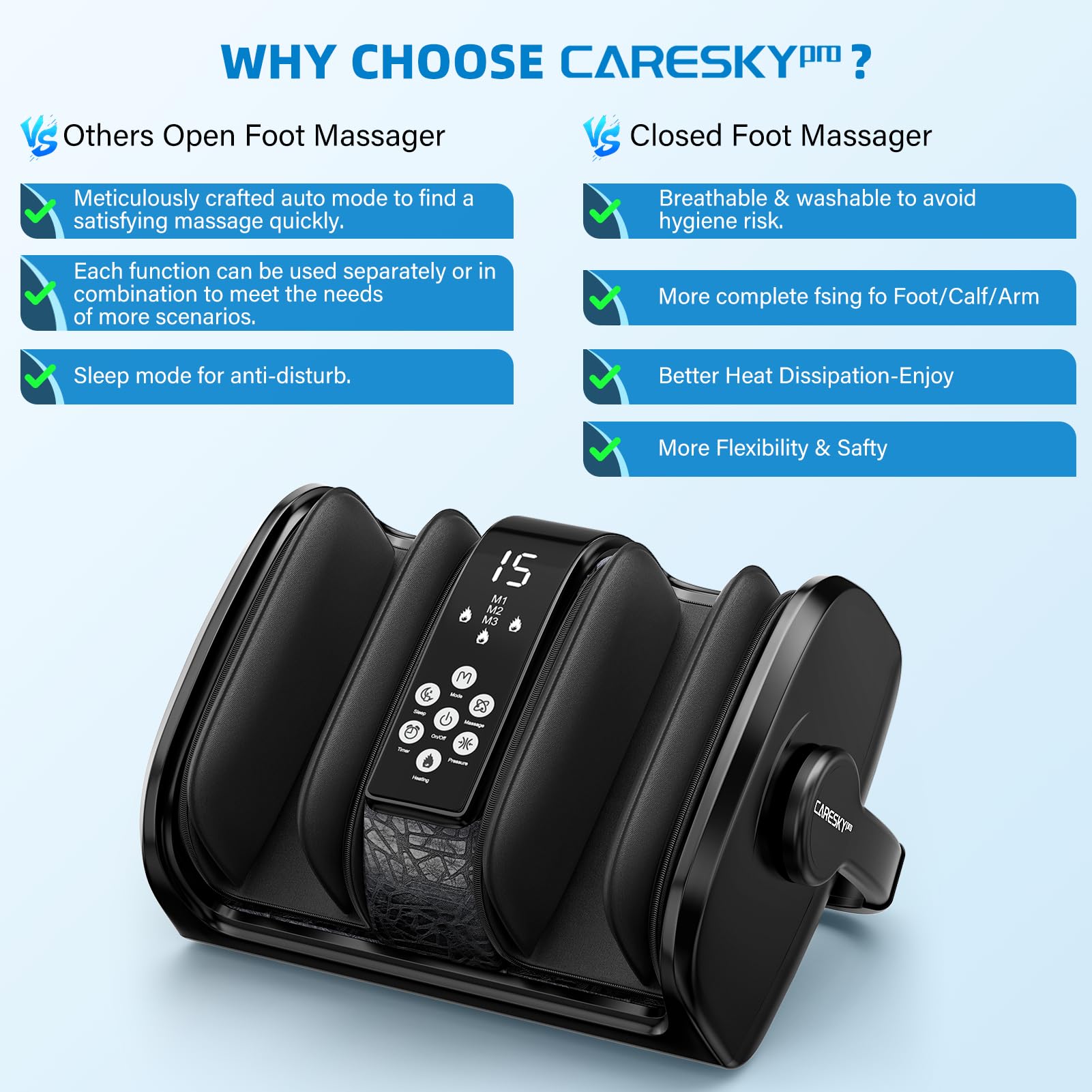 CARESKYpro foot massager affects feet, calves, and arms for versatile relief.