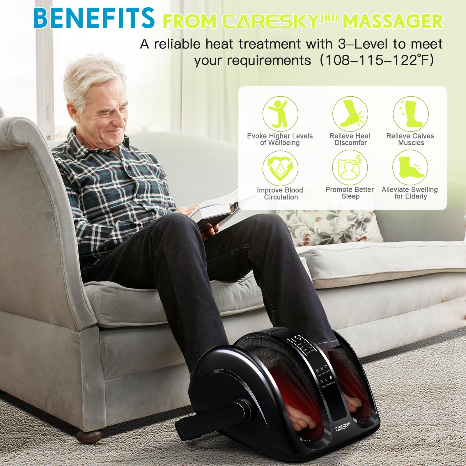 CARESKYpro foot massager performing deep kneading and rolling on feet