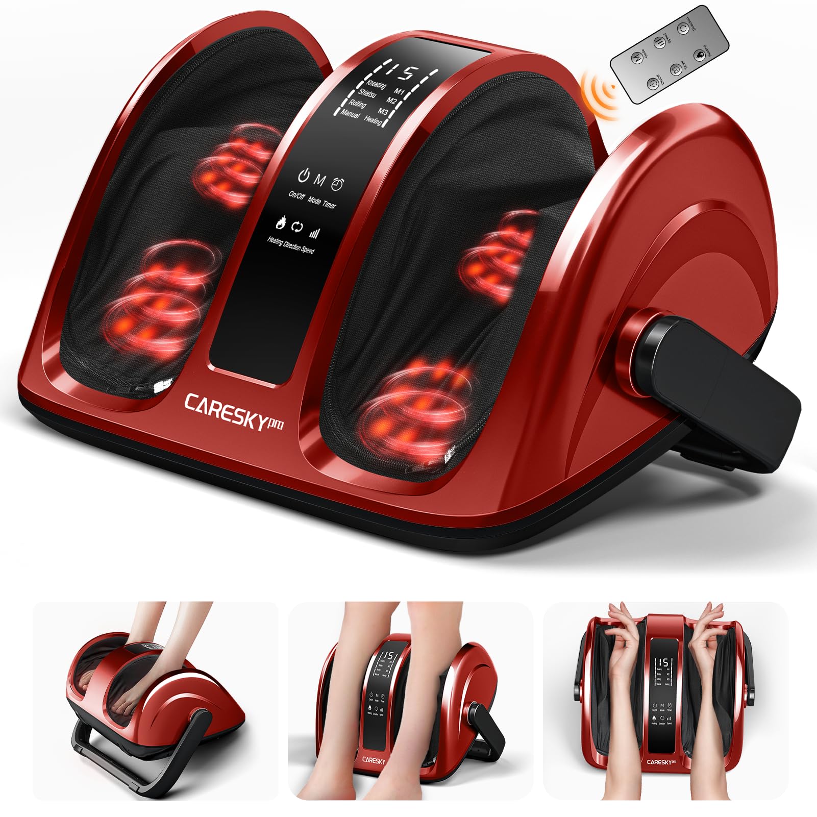 CARESKYpro foot massager on a sofa with remote for easy home relief.