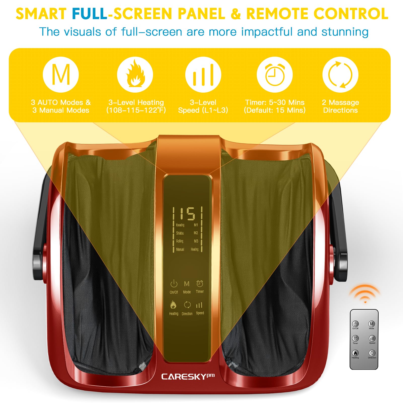 CARESKYpro foot massager mode and speed options shown.