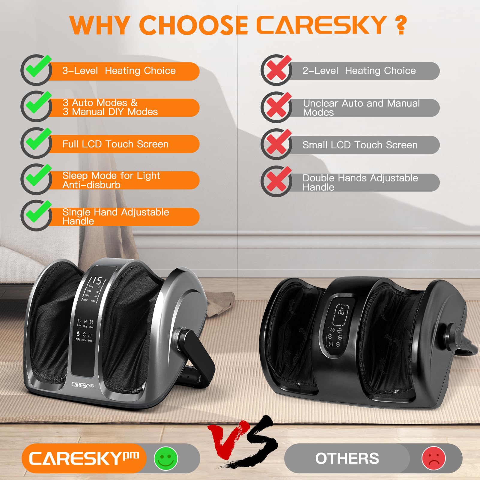 CARESKYpro Shiatsu Foot Massager side view with adjustable handle facilitates versatile positioning.