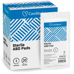CareStock almohadillas abdominales 5x9 en caja, listas para uso inmediato.