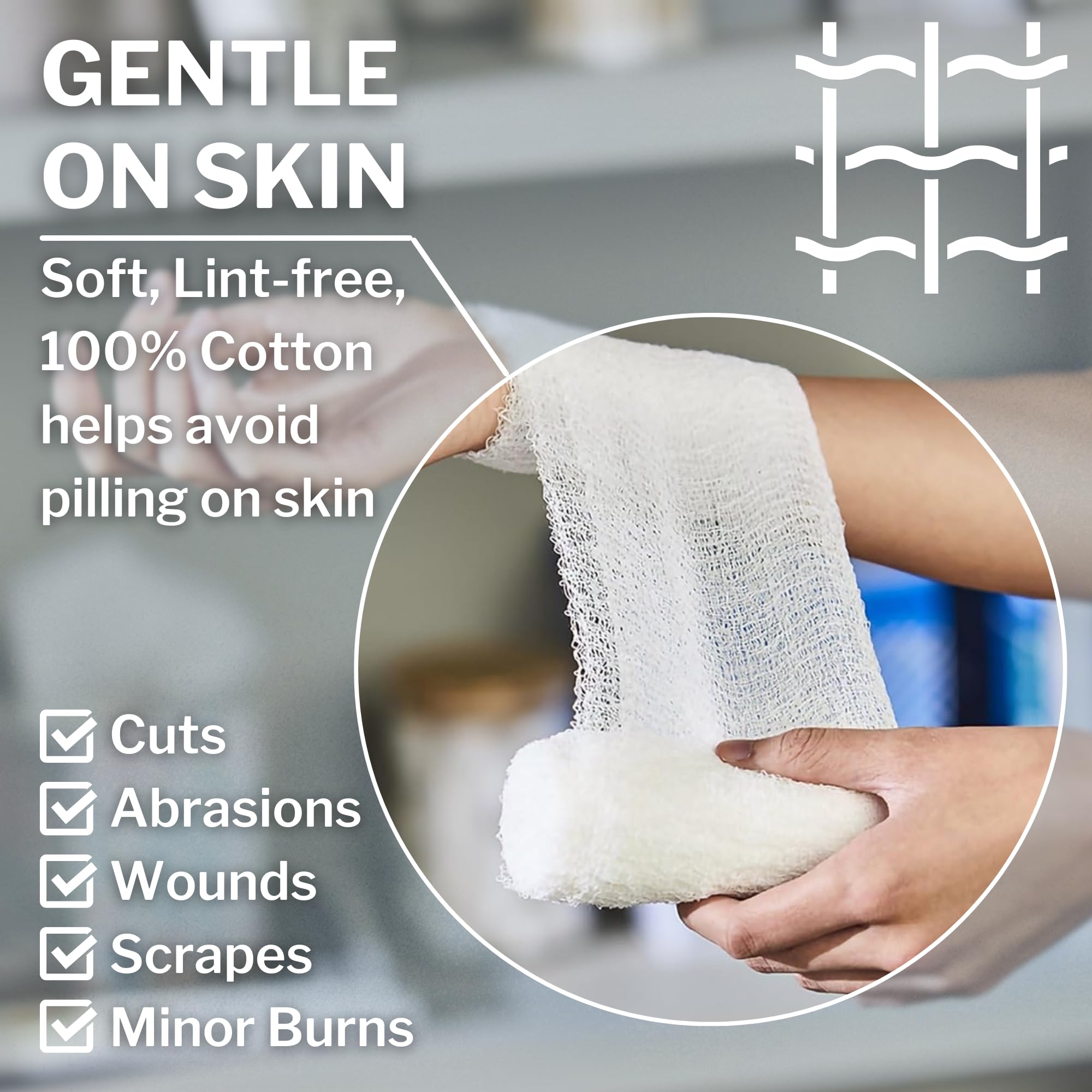 Close-up of CareStock gauze rolls roll; soft six-ply cotton for comfort
